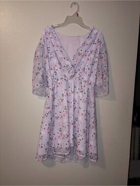 Lilac Floral Chiffon Dress with Flutter Sleeves